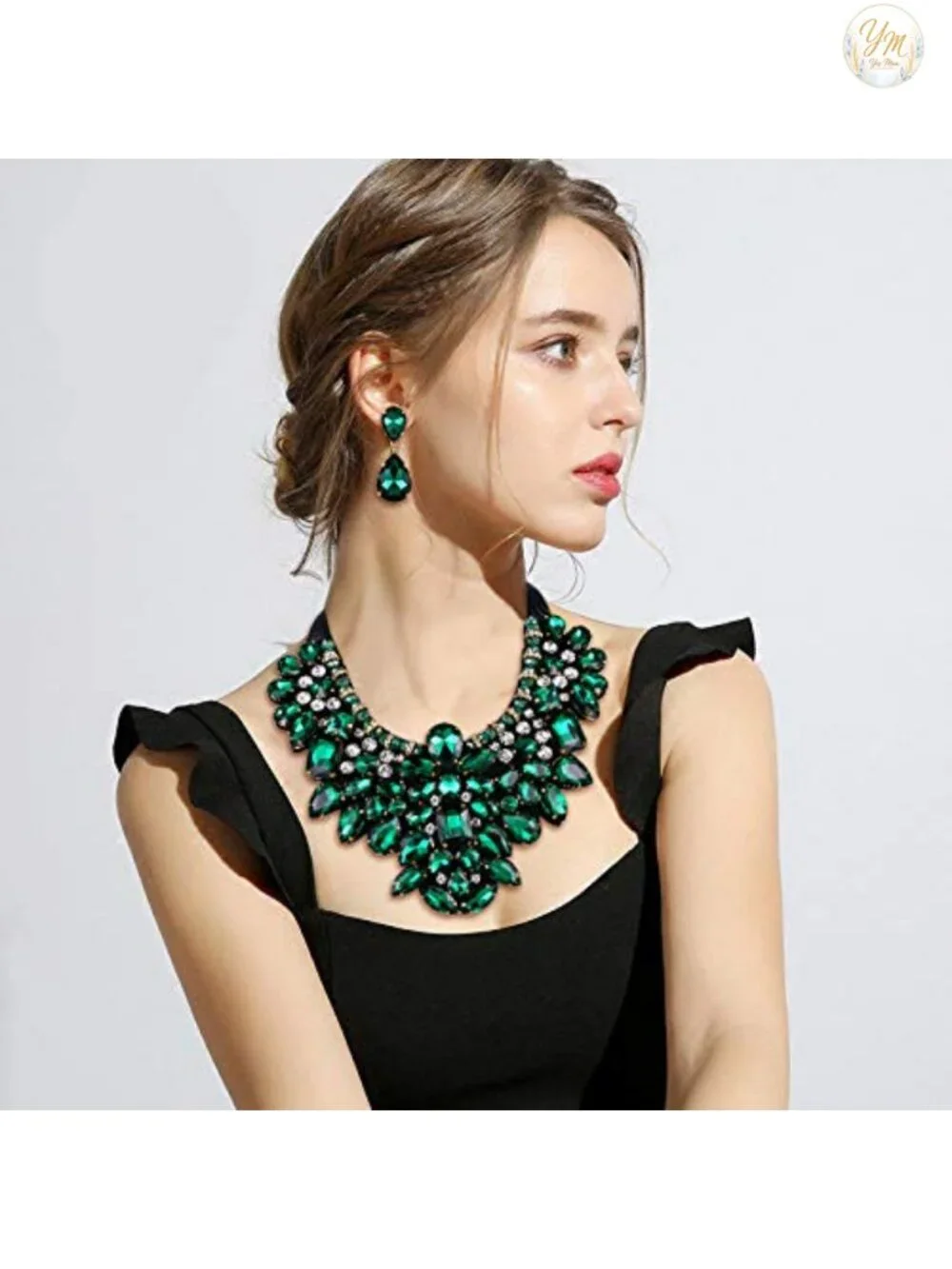 Rhinestone Crystal Statement Necklace Earrings Set with Gift Box, Adjustable